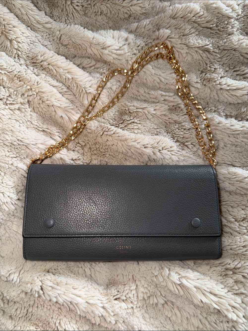 Celine Gray Pebbled Leather Chain Shoulder Bag with Gold Chain